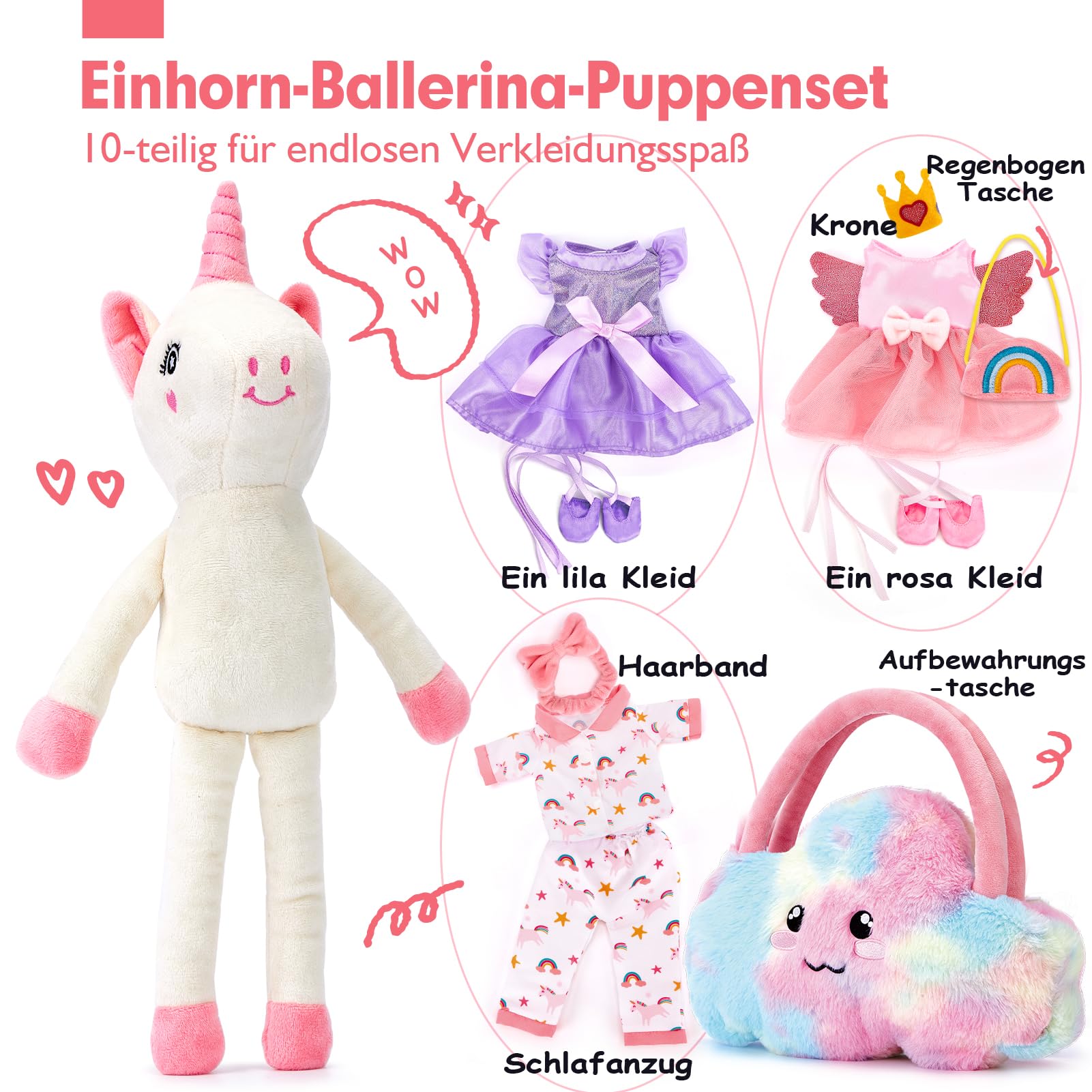 hahaland Plüschtier Einhorn Spielzeug ab 3-8 Jahre,Weiche Ballett Unicorn Stoffpuppe Kuscheln,Einhorns Kuscheltier Set mit 3er-Kleidungsset zum Anziehen,Einhorn Ggeschenke für Mädchen 3 4 5 6 7 Jahre 2