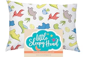 Little Sleepy Head Youth Pillow Case - 100% Made Cotton & Hypoallergenic Pillow Case - Snug Fit Envelope Pillowcase Enclosure - Youth Pillow 16x22 Size - (Dinosaurs White) Design Travel Pillow Cover