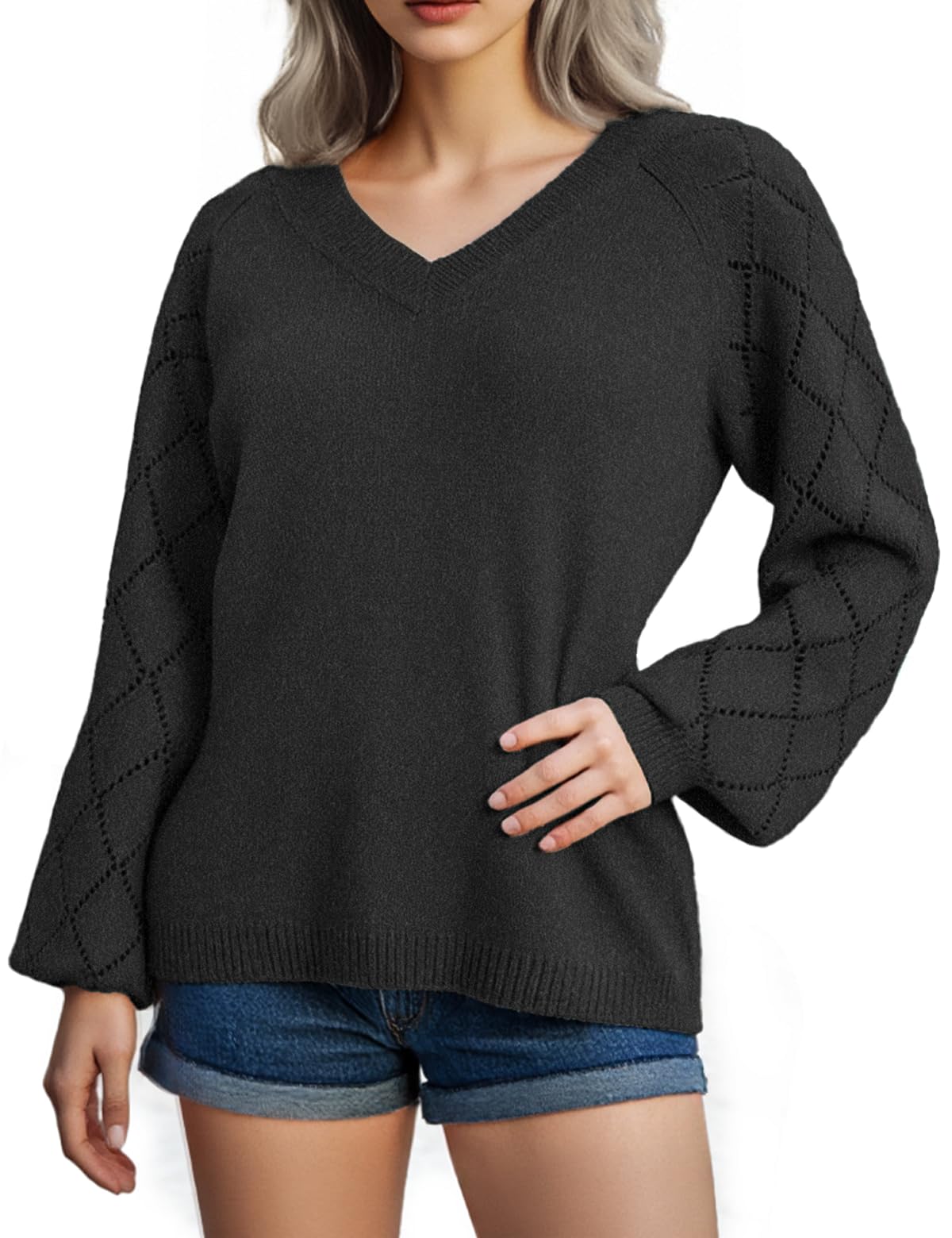 Photo 1 of 2xl. Tmeefee Womens 2025 Fall Sweaters: Long Sleeve Tops Classic V Neck Pullover Sweaters Loose Dressy Casual Basic Clothes Black
