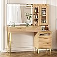 Chrangmay 47.24" Big Modern Vanity Desk with Mirror and Lights,Makeup Vanity Desk with 5 Drawers and Storage Shelves & Power Outlet,Dressing Table with Glass Top, Oak