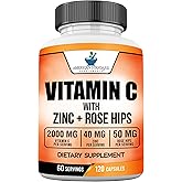 American Standard Supplements Vitamin C 2000mg, Zinc 40mg, and Rose HIPS 50mg Per Serving, Vegan, Gluten Free, Non-GMO (120 Count)