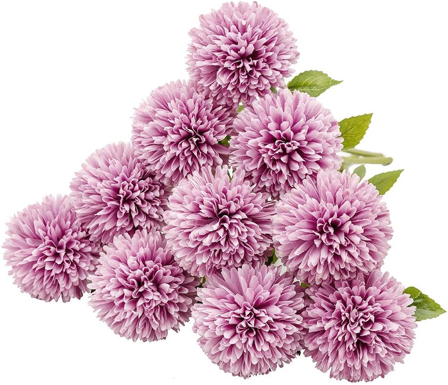 JUSTOYOU Artificial Silk Fake Flowers Dandelion Hydrangea Floral Bouquet with Leaves for Wedding,Birthday Party,Home Decoration  (Purple,10pcs)