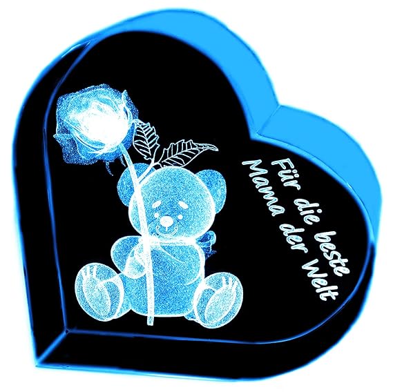 Kaltner Präsente Geschenkidee - Herz aus Glas: Kristallglas mit 3D-Laser-Gravur Teddy Rose Beste Mama der Welt