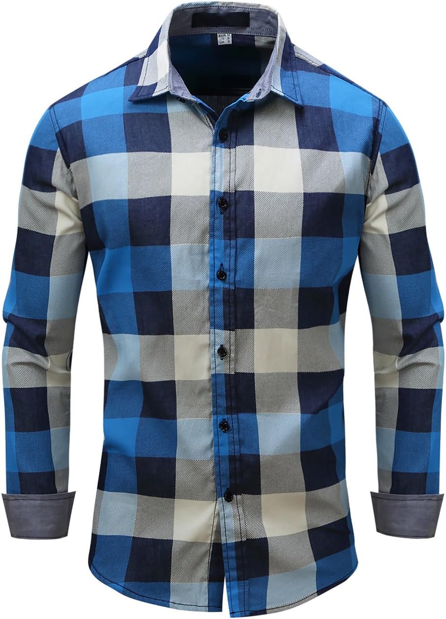 Mens Long Sleeve Checked Shirt Cotton Plaid Shirt Business Casual Dress British Stylish Classic Shirt Regular Fit