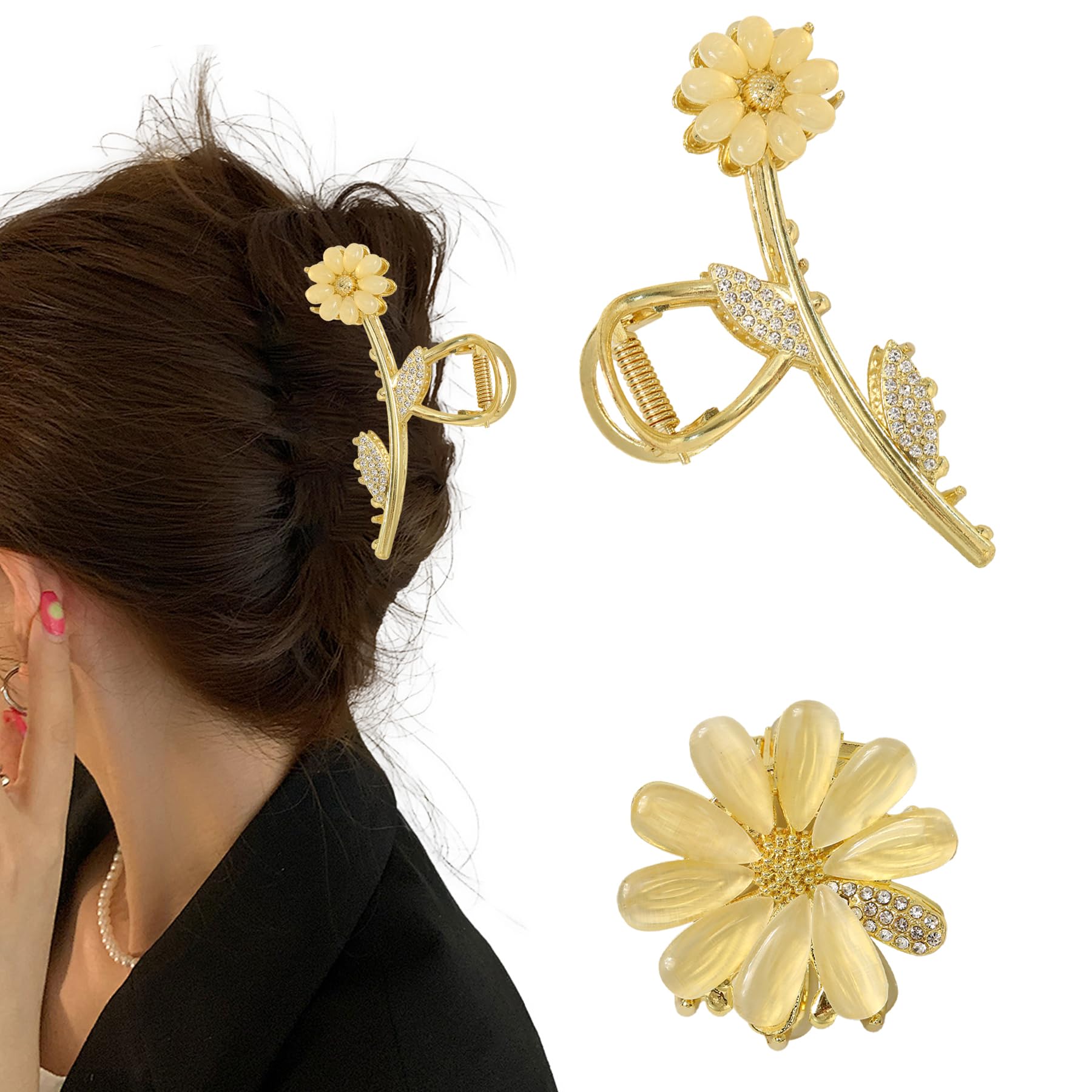 Daisy Hair Clips - 2PCS Flower Claw Clips, Hair Accessories for Girls, Flower Hair Claw, Hair Claws, Hair Claw Clips Women, Girl Hair Accessories, Flower Hair Claw Clips With Rhinestones for Women