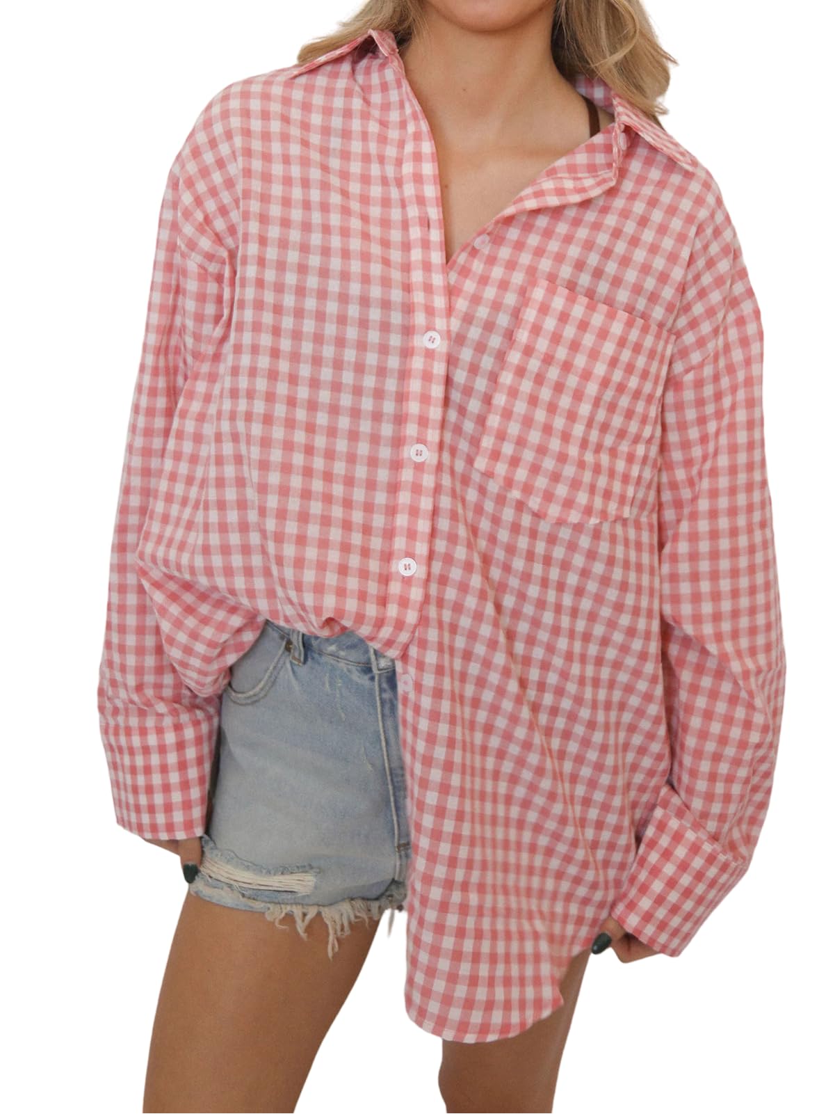 Photo 1 of IYICLOTH Plaid Button Down Shirts for Women Dressy Casual Collared Shirt Loose fit Long Sleeve Office Work Blouses,M Dusty Pink