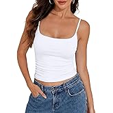 PrettyGuide Women Cotton Cami Top Built-in Shelf Bra Unpadded Crop Tank Top | Square Neck Fitted Basic Camisole Going Out Tees, Soft Stretch, Cute Layering Undershirt, Workout, Y2k Streetwear
