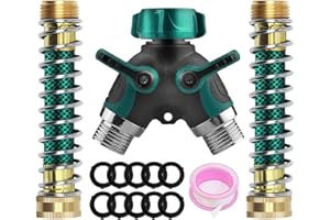 AMBUKER Water Splitter 2 Way Heavy Duty, 3/4" Garden Hose Splitter Y Way Connector 2 Valves Rubberized Grip with 2 Kink Free Faucet Extension Hose Protector 10 Rubber Washers