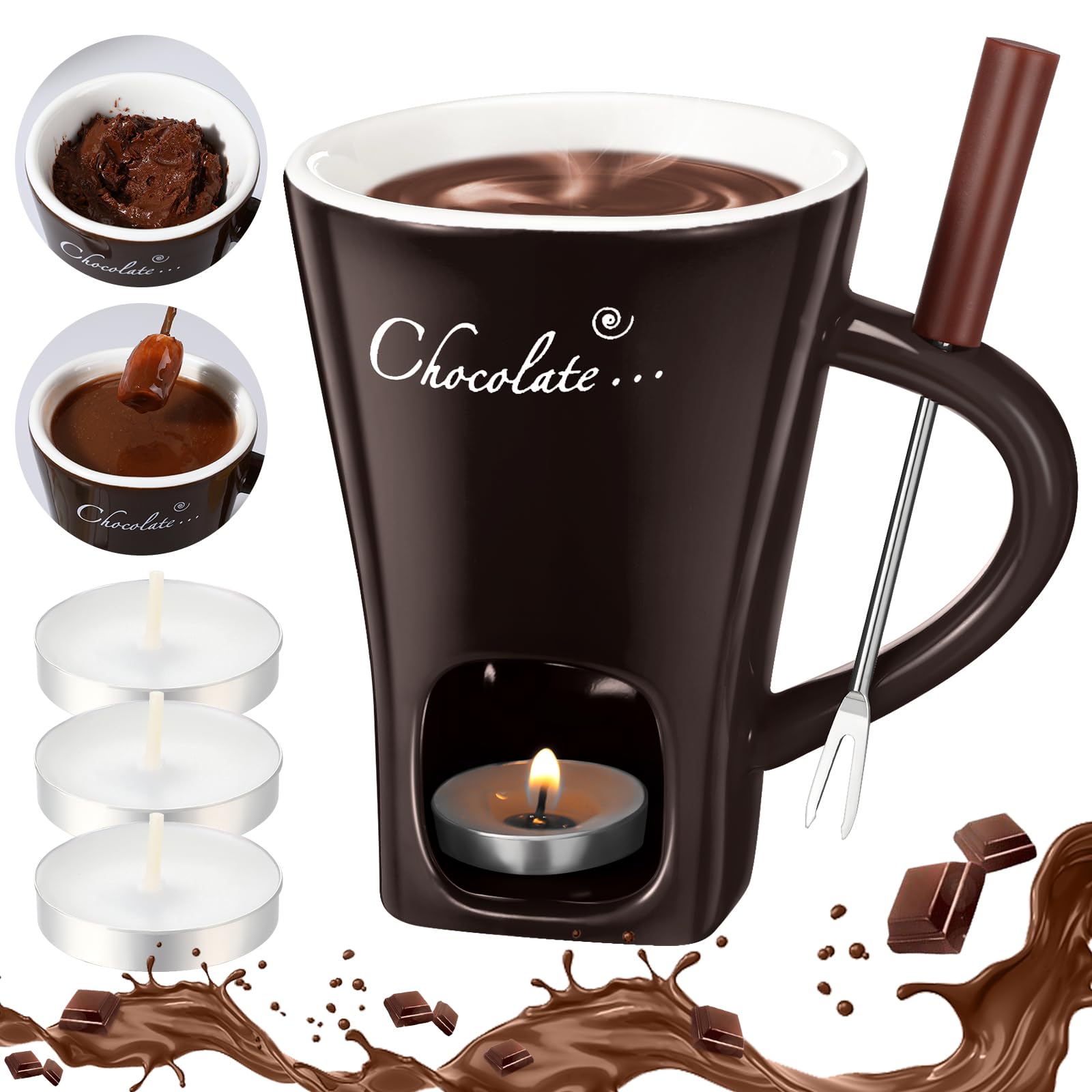 Photo 1 of Honeydak Chocolate Fondue Mug with Fork and Candle Sweet Ceramic Personal Chocolate Melting Cup Chocolate Fondue Mug Ideal Gifts for Birthday Date Night Birthday Wedding Gifts (Brown)