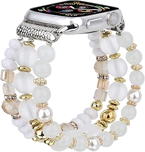 TOROTOP Bracelet Compatible with 44mm Apple Watch Band 42mm Series 5 6 Women Girl, Cute Handmade Fashion Elastic Beaded Strap Replacement Compatible for iWatch Series 6/5/ 4/3/2/1 (Matte white)