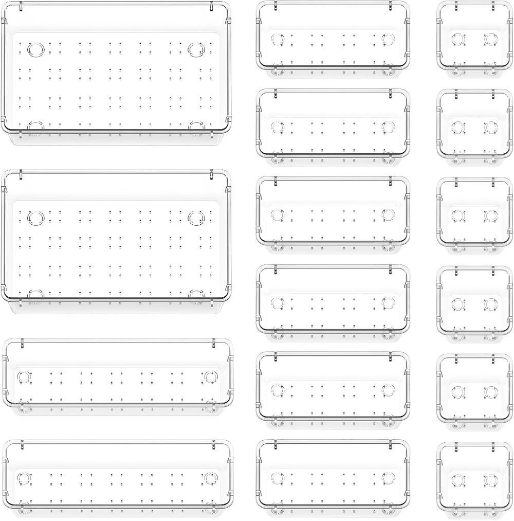 Lifewit 16 Pcs Makeup Drawer Organiser Clear Plastic Cosmetics Tray Set