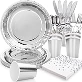 Gudvilla Silver Plates Party Supplies Disposable Dinnerware Set,168pcs Silver Paper Plates and Napkins for Graduation Holiday Disco Birthday Party Decorations Serves 24