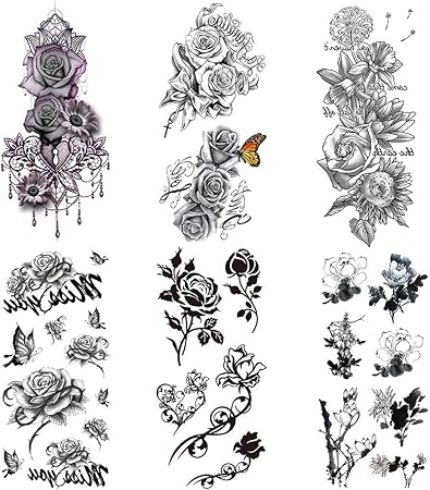Amazon Co Jp Yesallwas タトゥーシール 薔薇 黒 バラ 花 蝶 チョウ 6枚セット 入れ墨シール リアル 高品質 防水 長持ち 刺青シール ボディーシール メンズ レディース Black Rose Flower Temporary Tattoos 9ｘ19cm 黒 ビューティー