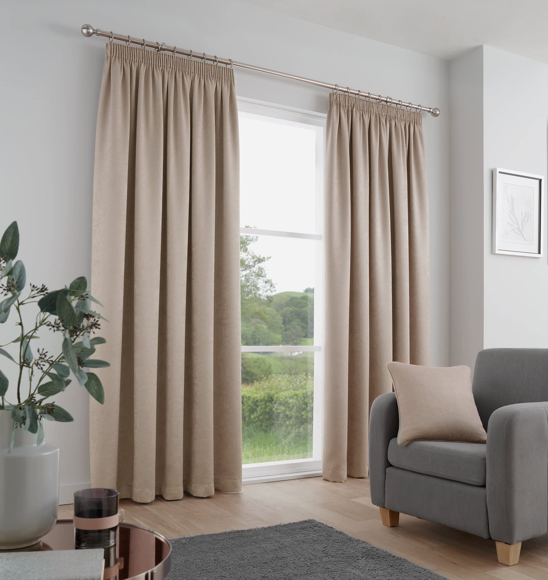 Fusion Strata Natural Pencil Pleat Curtains – W46 x L72" (117 x 183cm) – 2 Panels – 100% Cotton – Thermal & Soundproof Drapes – Cream Window Treatment for Bedroom – Soft Fabric – Elegant Pleated Style