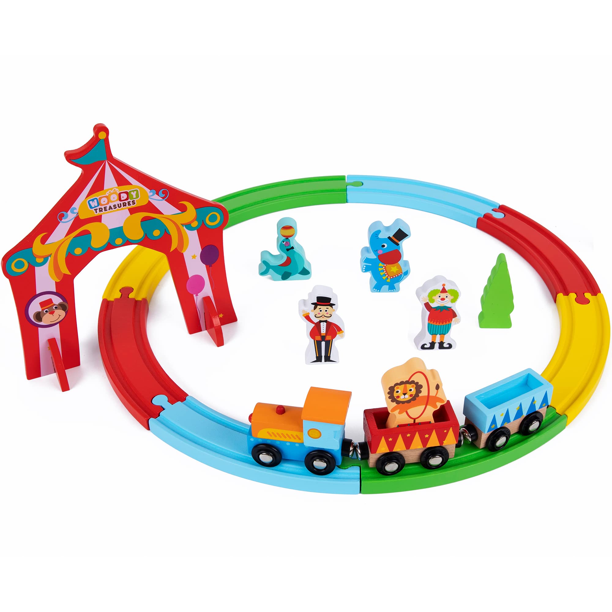 Woody Treasures Wooden Train Set - Circus Themed, 20-Piece, 3+ Years, Multi-colored, Handcrafted Wooden Toys for Boys & Girls