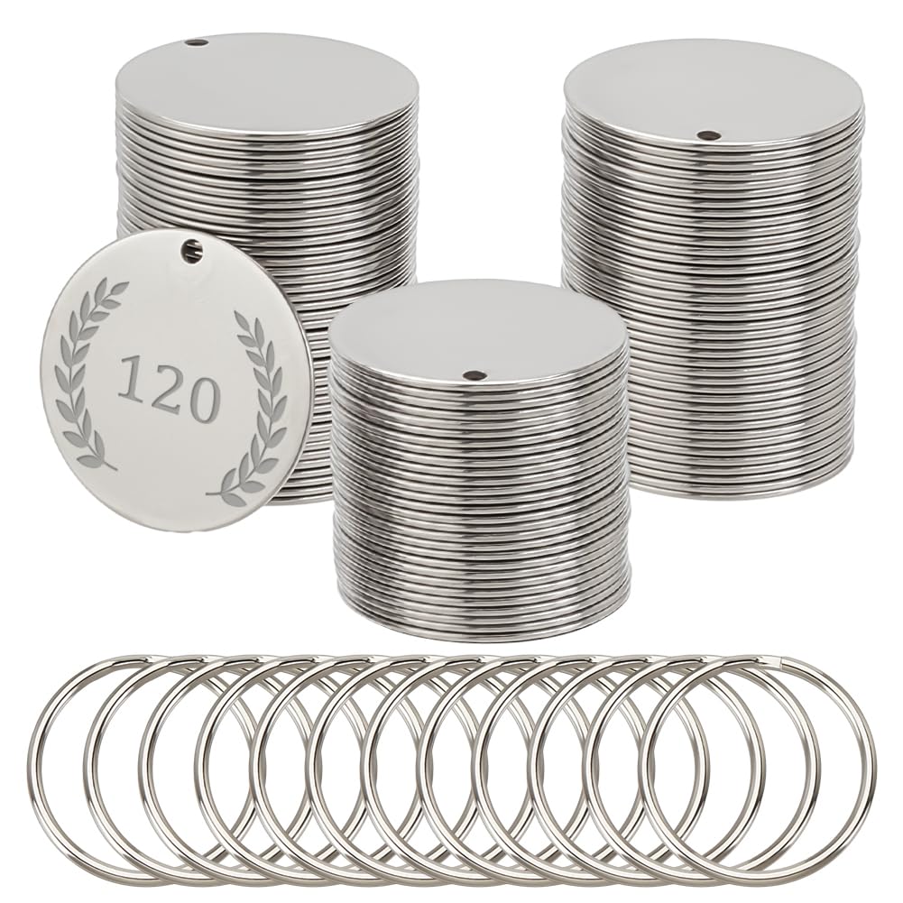 OLYCRAFT 120Pcs Metal Engraving Blanks - 30mm Stainless Steel Stamping Blanks with Key Rings and Holes, Round Tags, Pendants for DIY Crafts Necklace