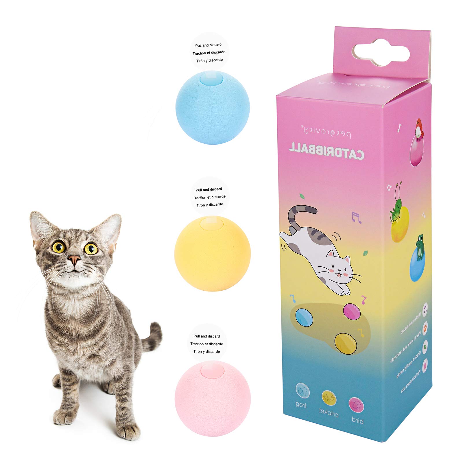 Interactive Cat Toy Ball, 3pcs Cat Interactive Toys with Lifelike Animal Sound Cat Ball Toy for Indoor Cat Kitten Puppy Automatic Sound Cat Toy Cat Catnip Balls (3 Color , 3 Sound