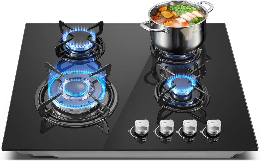 TopStrong 60cm Gas Hob 4 Burner Glass Black Built-in NG/LPG Compatible 8060W