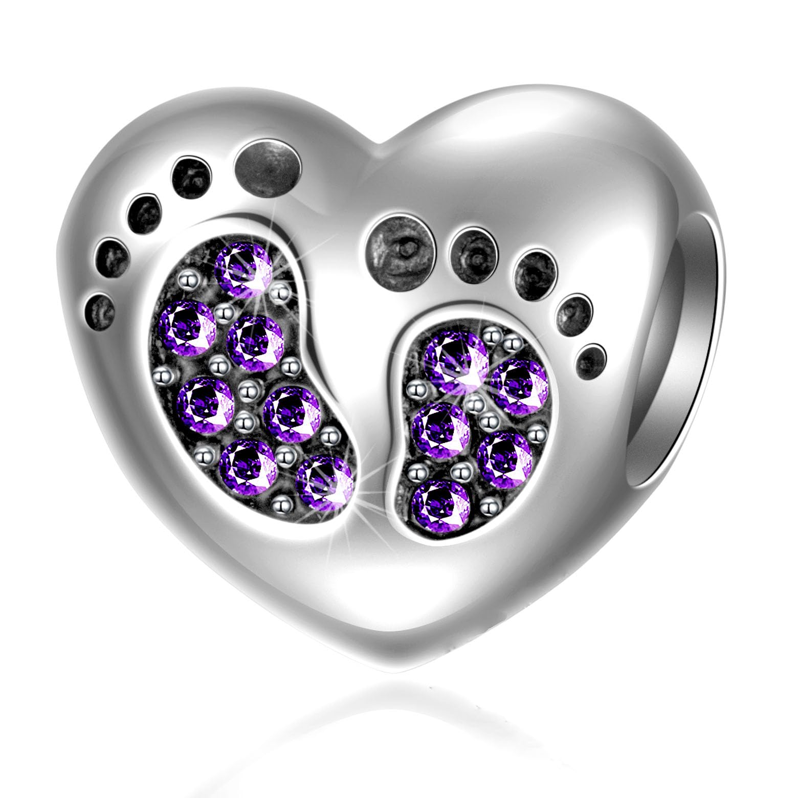 Baby Footprint Heart Charms - 925 Sterling Silver February/June Birthstone Crystals - Girl Birth Foot Beads, Fit Pandora Valentines Day Bracelet, Gift for Birthday/Wife/Husband — image 1