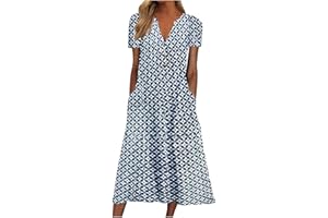NaRHbrg Womens Summer Dress Casual Floral Print Midi Dress Button V Neck Short Sleeve Dresses Flowy Boho Beach Party Sundress