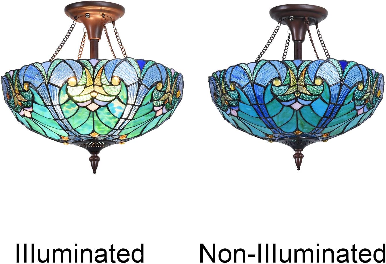 Cotoss Tiffany Style Ceiling Light Fixtures, 2-Light Semi Flush Tiffany Ceiling Lights, 16 Inch Wide Blue Stained Glass Ceiling Light, Tiffany Style Ceiling Flush Mount: Home Improvement