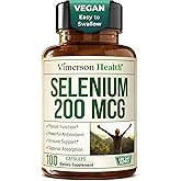 Selenium 200 mcg Capsules – High-Potency Selenium Supplement for Thyroid, Antioxidant & Immune Support – Highly Bioavailable L-Selenomethionine Essential Mineral Supplements – Vegan, 100 Capsules