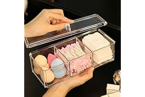 Sooyee Qtip Holder Rectangle Cotton Ball and Swab Holder Organizer with Lid, Dustproof,Waterproof,Clear Acrylic 3 Compartment Cotton Pad Container for Cotton Swabs, Make Up Pads, Cosmetics