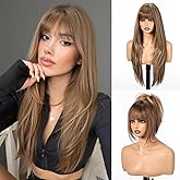 HAIRCUBE Long Straight Wigs for Women Layered Synthetic Wig with Bangs Light Brown Color for Daily