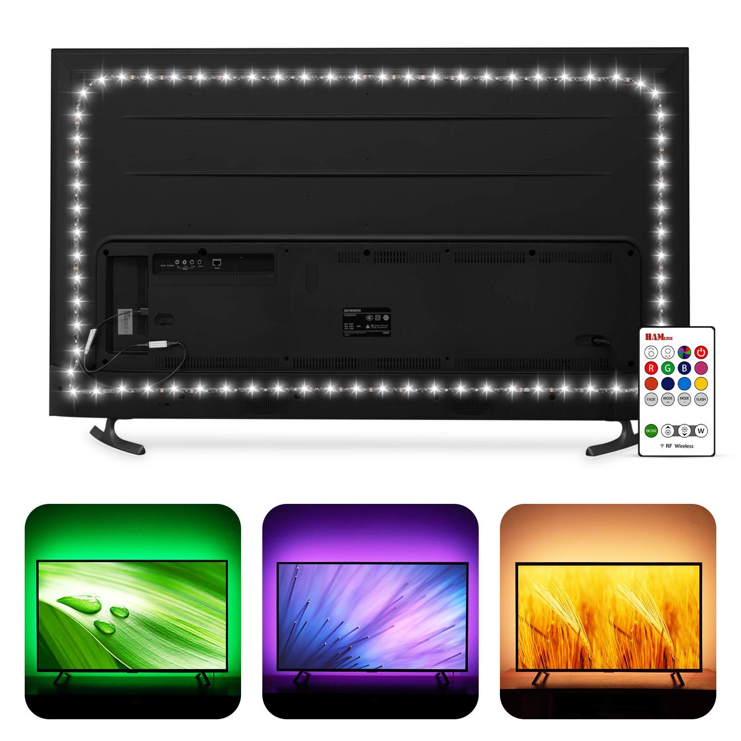 Photo 1 of HAMLITE TV Bias Lighting 6500K True White for 70 72 75 80 82 85 Inch TV, 18Ft USB TV LED Backlight with RF Remote Cover 4 Sides Behind TV Background Room Decor Gaming Light for Men Ambient Mood Light
