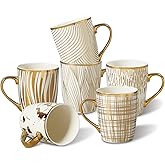 ONEMORE Coffee Mugs 18oz - Gold-Plated Ceramic Mugs for Latte, Hot Tea, Cappuccino, Mocha, Cocoa - Luxury Gold Trim Mug Set of 6, White & Gold, Multicolored