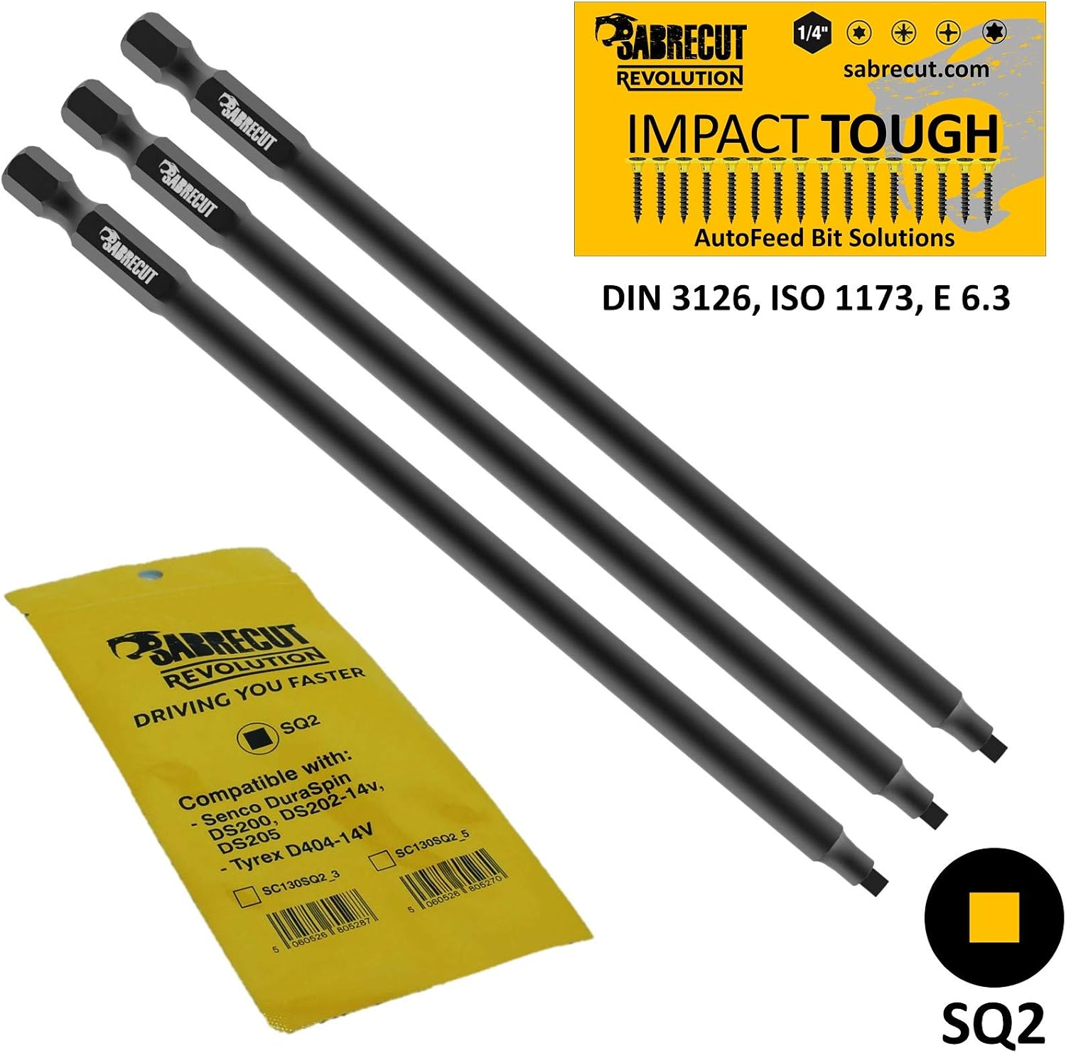 3 x SabreCut SC130SQ2_3 130mm SQ2 Compatible with SENCO DuraSpin DS200 DS202 DS202-14v DS205 EA0123 and TYREX D404-14V Autofeed Collated Drywall Screwdriver Gun Bit Single Ended Square No.2 Heavy Duty - Image 3