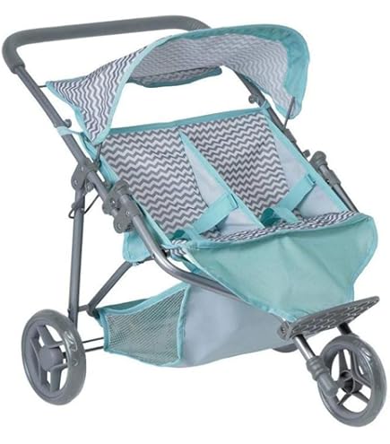 Bayer Twin Dolls Pram Xeo - Adjustable Stroller For Dolls Up To 18", With Bag & Basket (Teal Stars)