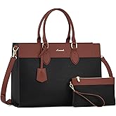 LOVEVOOK Laptop Bag for Women, 15.6 inch Leather Tote Bag Work Briefcase Handbag Shoulder, Black-Brown