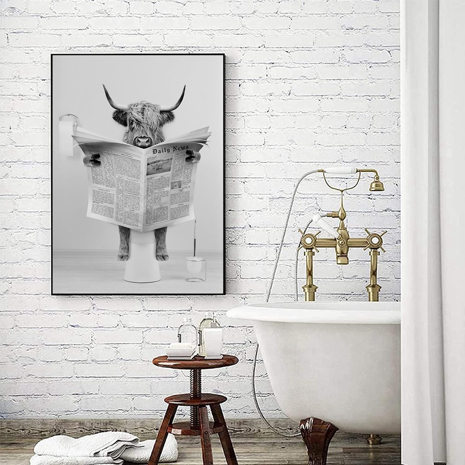 LYBOHO Black White Scottish Highland Cow Bathroom Pictures Funny Animal in the Bathtub Canvas Pictures for Living Room Bathroom Bedroom Decorative Frameless (1 Piece-50 cm x 70 cm, GDN1)