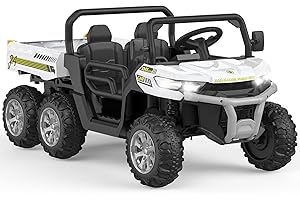 Hetoy 24V 2 Seater Ride On Dump Truck with Remote Control, Electric UTV Car with Electric Dump Bed, 4WD Power Ride Cars W/6 Wheels Ride On Toys for Boys Girls (White)