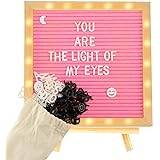 Pink Felt Letter Board with LED Lights- 10 × 10 Inch Changeable Message Board with Rustic Vintage Wood Frame 510 Pre-Cut Blac