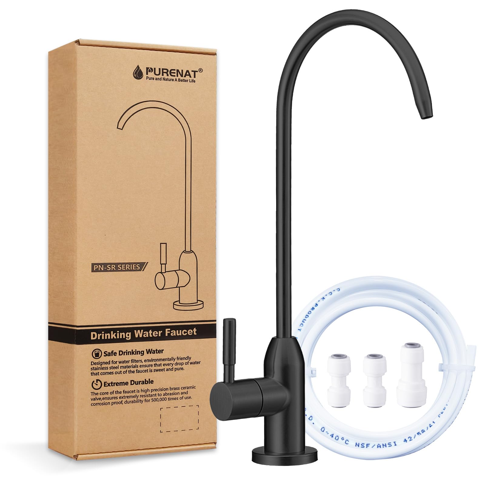 Photo 1 of Drinking Water Faucet - Long Thread Stem Filtered Water Tap for Thick Countertop,Lead-Free RO Faucet with Hose and Push Connect Fittings(Matte Black)