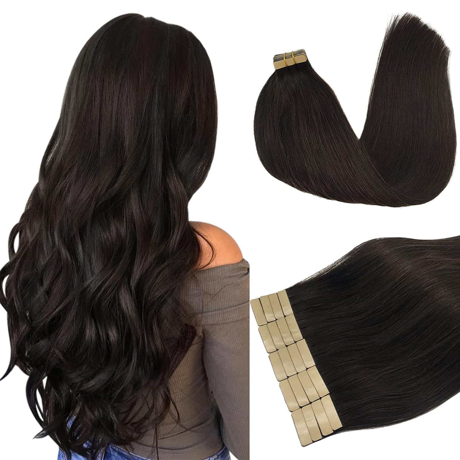 DOORES Hair Extensions Tape in 16 Inch 50g 20pcs Real Dark Brown Skin Weft Tape in Human Hair Extensions Straight Hair Extensions — image 1