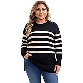 Agnes Orinda Plus Size Women's Fall Sweaters Striped Long Sleeve Crewneck Cozy Knit Trendy Pullover Sweater Tops