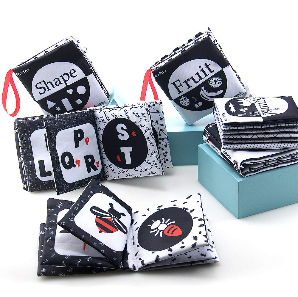 teytoy My First Soft Book, 6 PCS Nontoxic Fabric Cloth Activity Crinkle Black and White Books for Infants Boys and Girls Early Educational Toys Perfect for Baby Shower