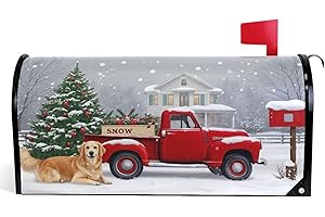 WAMIKA Christmas Tree Red Truck Magnetic Mailbox Covers Winter Snow Golden Retriever Dog Mailbox Cover Standard Size Full Magnet Garden Yard Porch Mail Boxes Cover Holiday Decorations 21" L x 18" W