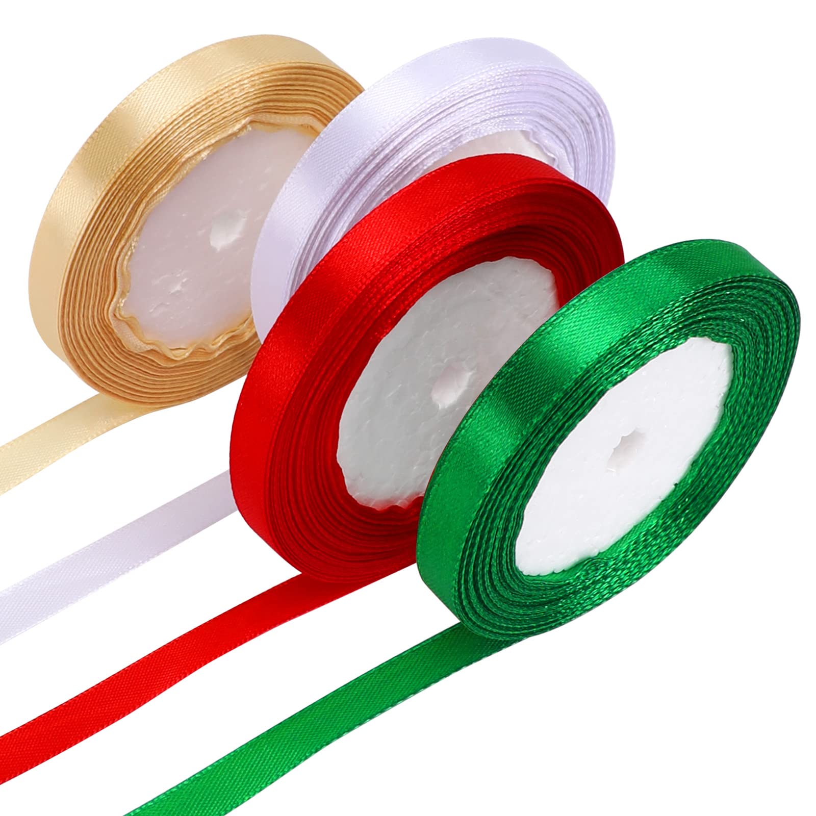 JUNEBRUSHS 4 Rolls 100 Yards Christmas Ribbons 10mm Wide Holiday Satin Ribbons Fabric for Gift Wrapping and DIY Craft(Red Green, Gold White)
