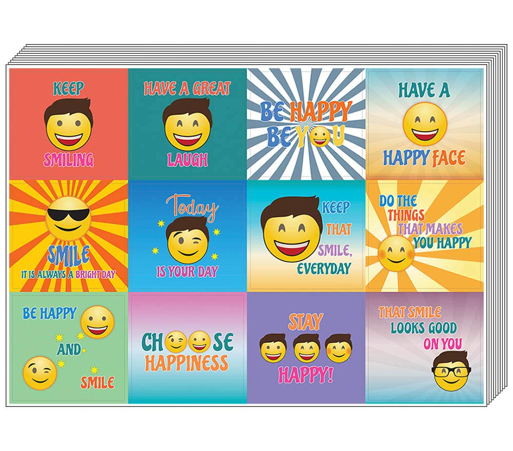 CreanosoHappy Face Stickers (10-Sheet) – Total 120 pcs (10 X 12pcs) Individual Small Size 2.1 x 2. Inches, Waterproof, Unique Personalized Designs, Decor Art Decal for Boys & Girls, Children, Teens
