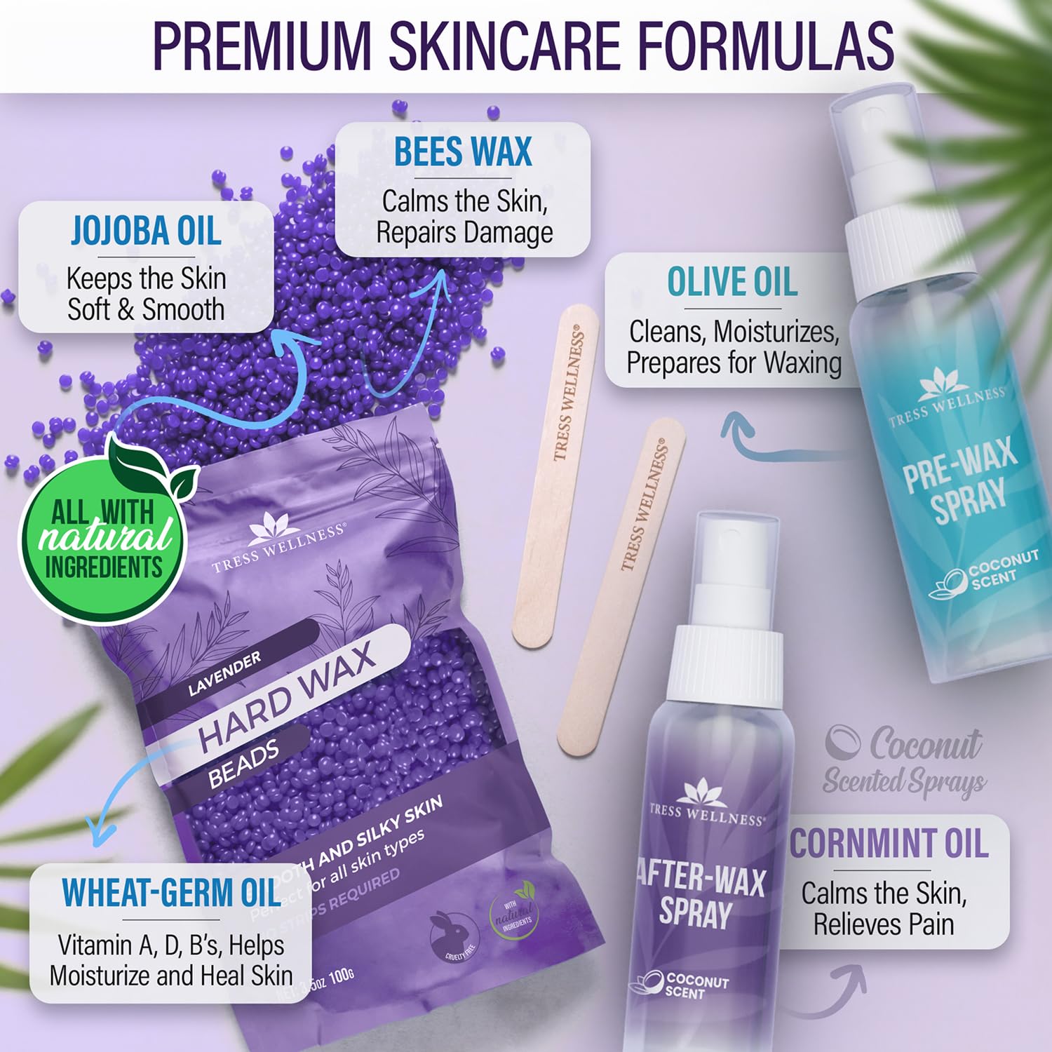 Tress Wellness Waxing Kit for Sensitive Skin, Safe for Face & Skin, Prep & Aftercare Spray, Easy to Use, At-Home Kit for Face, Bikini, Brazilian & Full Body - Digital Display, Black Purple Flower