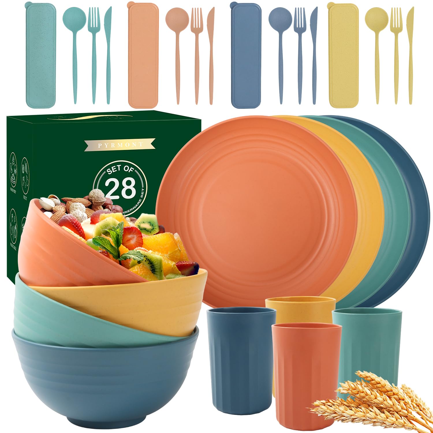 Photo 1 of 28 Piece Wheat Straw Dinnerware Sets,Dishwasher & Microwave Safe Plates and Bowls Sets - Unbreakable Plastic Dinnerware Sets for 4 Dinner Plates, Cups, Cereal Bowls - Colorful Series