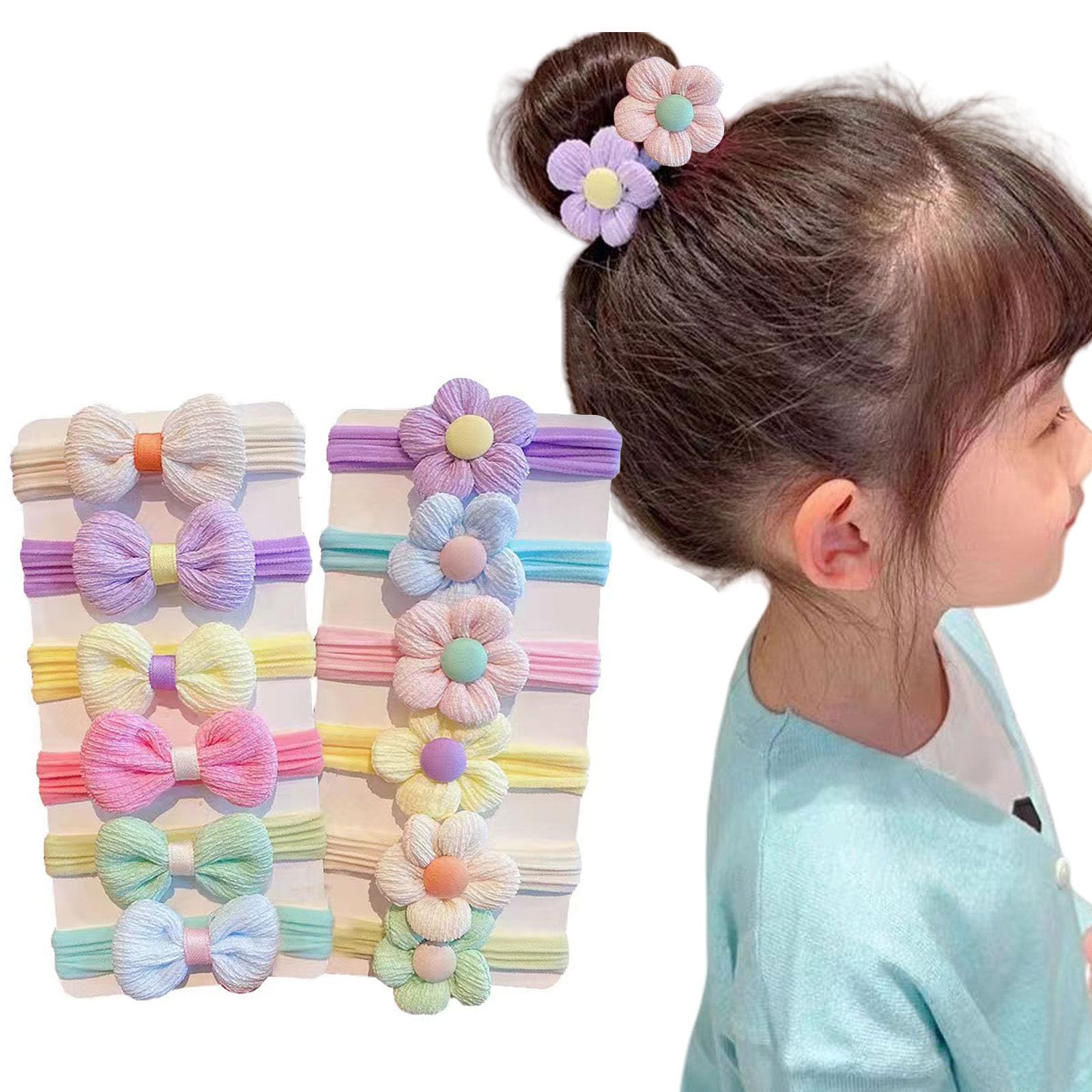 Kids Hair Bands,12PCS Seamless Bows and Flowers Toddler Elastic Hair Bobbles,Ponytail Holder Girls Hair Accessories for Baby Girls Infants Kids Children (Colorful Bow and Flower)
