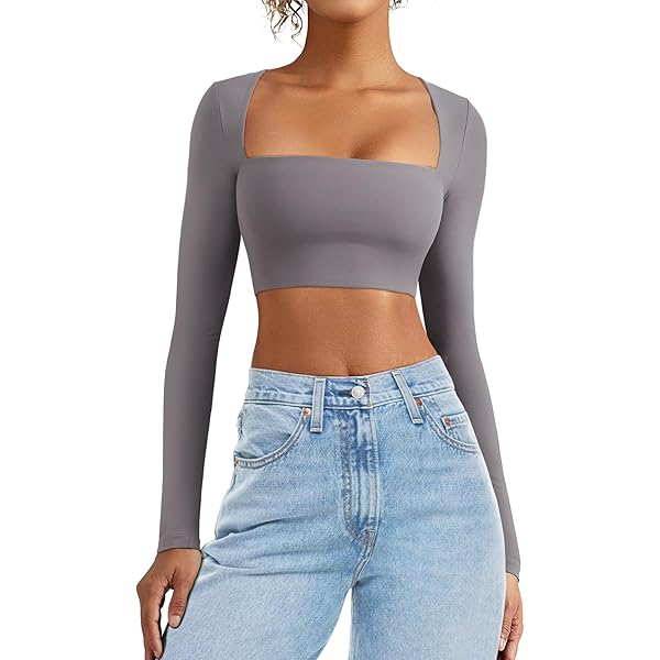 ★andar★ Soften tension neck point long sleeve crop tee QINSEN Women's Sexy Square Neck Crop Top Long Sleeve Slim