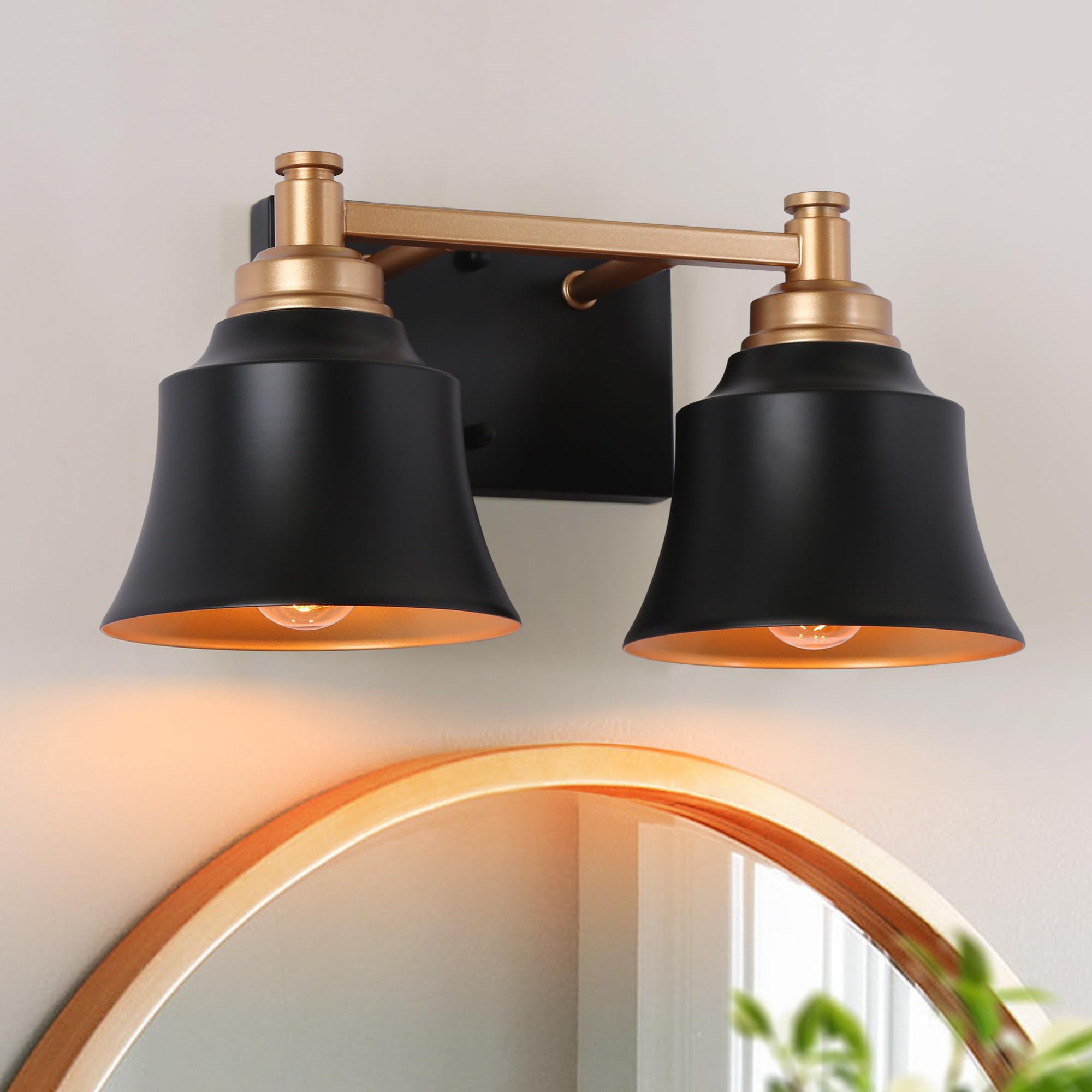 Photo 1 of KSANA Bathroom Light Fixtures, 2 Light Black and Gold Powder Room Wall Lights Over Mirror, 14 Inch Modern Farmhouse Metal Vanity Lights