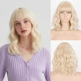 TotoTwinkle Short Wavy Blonde Wigs With Bangs 14 Inch Soft Shoulder Length Wig For Women,Natural Looking Highlight Bob Curly Synthetic Hair Wig Use For Daily Cosplay Parties Christmas