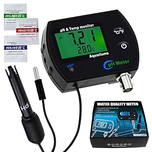 2-in-1 PH Temperature Continuous Monitor Meter Tester ATC Backlight Replaceable Electrode Buffer Calibration Set Dual Display 0.00~14.00pH °C/ °F Water Quality Kit for Aquariums Hydroponics Pools Spa